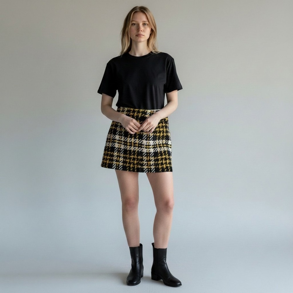 J.Crew Yellow Black Plaid Wool Tweed Mini Skirt Size 4